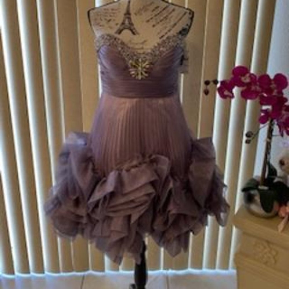 STUNNING DARK SILVER STRAPLESS EMBELLISHED RUFFLE SHORT FORMAL DRESS SIZ…